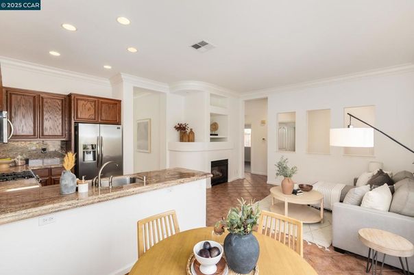 Dining room, Fireplace, Interior, Kitchen, Living room, Recessed Lighting, Stainless Steel Appliances