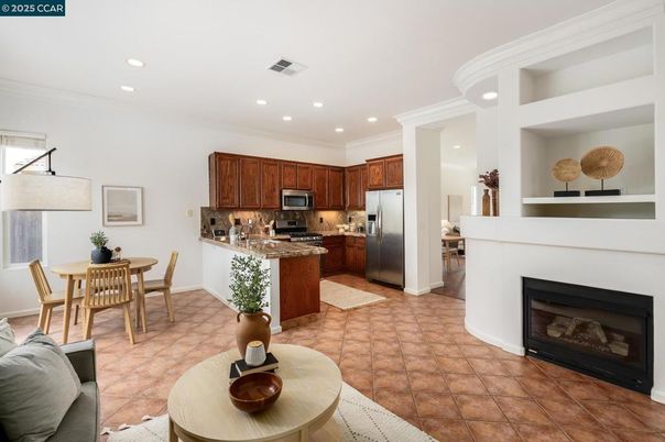 Dining room, Fireplace, Interior, Kitchen, Recessed Lighting, Stainless Steel Appliances
