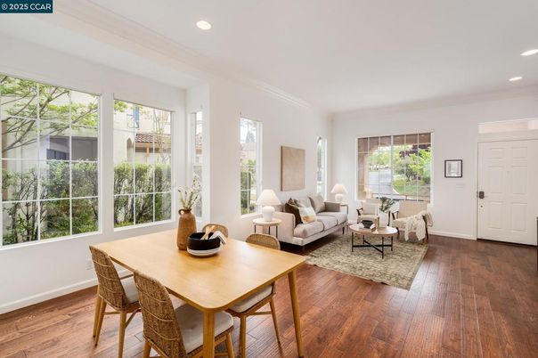 Dining room, Interior, Living room, Recessed Lighting, Wood Texture Flooring