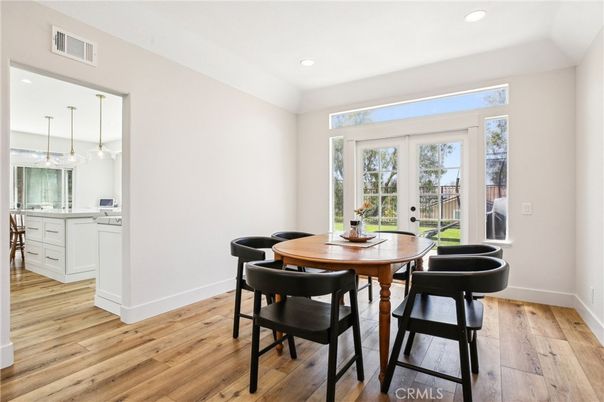 Dining room, Interior, Pendant Lights, Recessed Lighting, Wood Texture Flooring