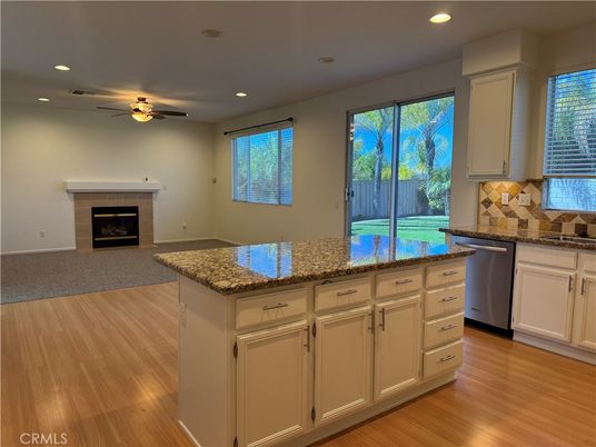 Fireplace, Interior, Kitchen, Recessed Lighting, Wood Texture Flooring