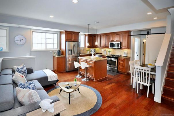 Dining room, Interior, Kitchen, Living room, Pendant Lights, Recessed Lighting, Stainless Steel Appliances, Wood Texture Flooring