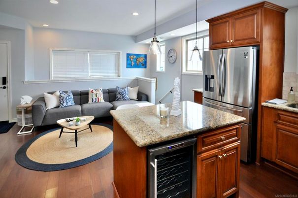 Interior, Kitchen, Living room, Pendant Lights, Recessed Lighting, Stainless Steel Appliances, Wood Texture Flooring
