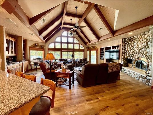 Fireplace, Interior, Living room, Recessed Lighting, Stone Walls, Wooden Beams, Wooden Ceilings, Wood Texture Flooring