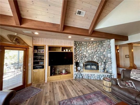 Fireplace, Interior, Recessed Lighting, Stone Walls, Wooden Beams, Wooden Ceilings, Wood Texture Flooring