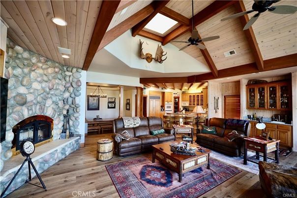 Dining room, Fireplace, Interior, Kitchen, Living room, Pendant Lights, Stone Walls, Wooden Beams, Wooden Ceilings, Wood Texture Flooring
