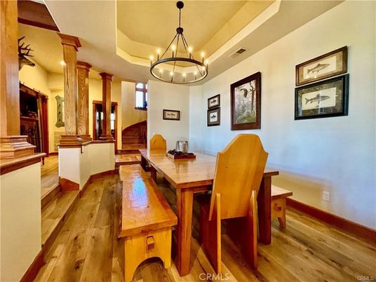 Dining room, Interior, Pendant Lights, Wood Texture Flooring