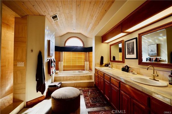 Bathroom, Dual Sink Vanities, Interior, Recessed Lighting, Tile Countertops, Wooden Ceilings, Wooden Walls