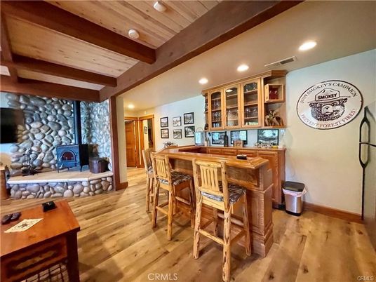 Fireplace, Interior, Recessed Lighting, Wooden Beams, Wood Texture Flooring