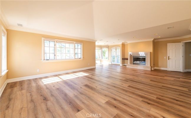 Empty room, Fireplace, Interior, Recessed Lighting, Wood Texture Flooring