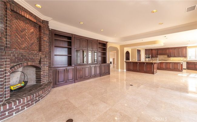 Fireplace, Interior, Kitchen, Recessed Lighting, Stone Walls