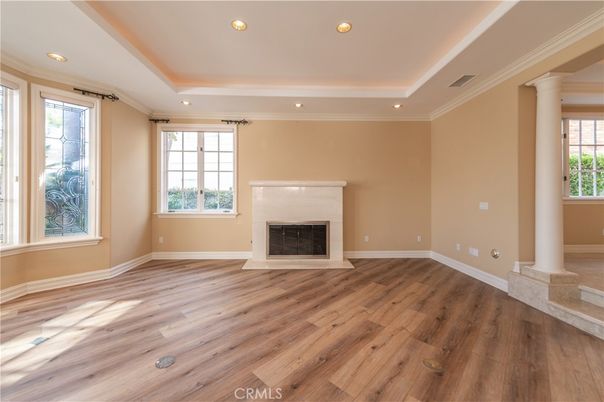 Empty room, Fireplace, Interior, Recessed Lighting, Wood Texture Flooring