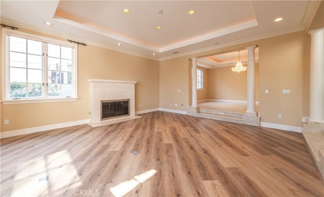 Empty room, Fireplace, Interior, Pendant Lights, Recessed Lighting, Wood Texture Flooring