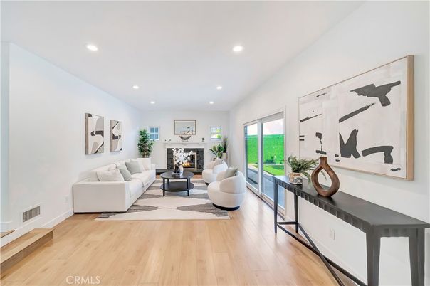 Fireplace, Interior, Living room, Recessed Lighting, Wood Texture Flooring
