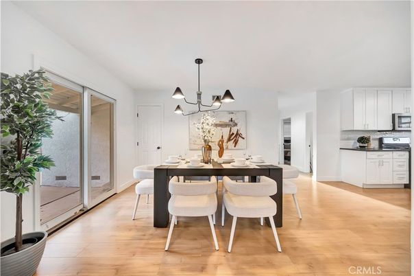 Dining room, Interior, Kitchen, Pendant Lights, Stainless Steel Appliances, Wood Texture Flooring