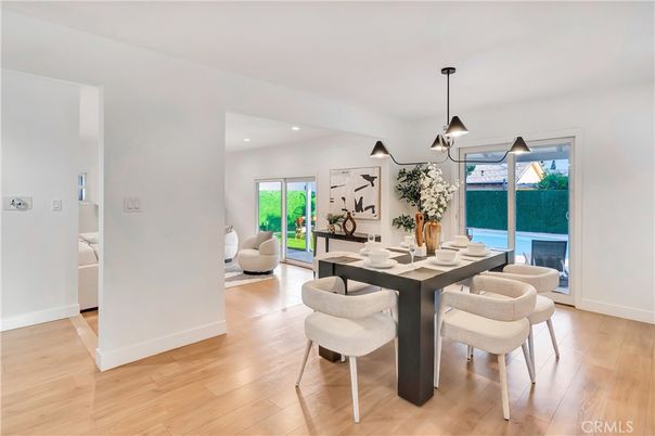 Dining room, Interior, Pendant Lights, Recessed Lighting, Wood Texture Flooring
