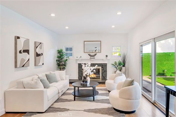 Fireplace, Interior, Living room, Recessed Lighting, Wood Texture Flooring