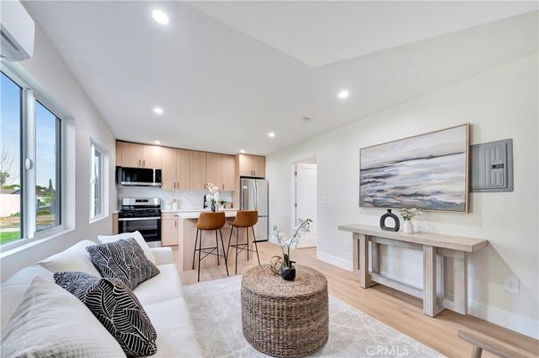 Interior, Kitchen, Living room, Recessed Lighting, Stainless Steel Appliances, Wood Texture Flooring