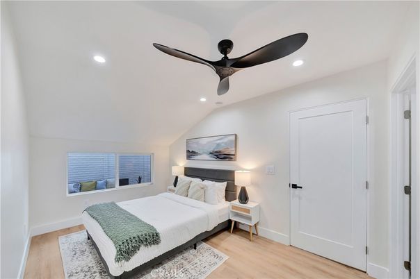 Bedroom, Interior, Recessed Lighting, Wood Texture Flooring