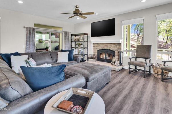 Fireplace, Interior, Living room, Recessed Lighting, Wood Texture Flooring