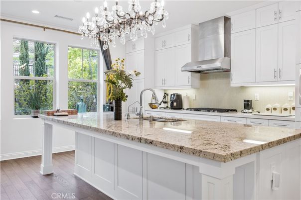 Chandelier, Interior, Kitchen, Recessed Lighting, Stainless Steel Appliances, Wood Texture Flooring