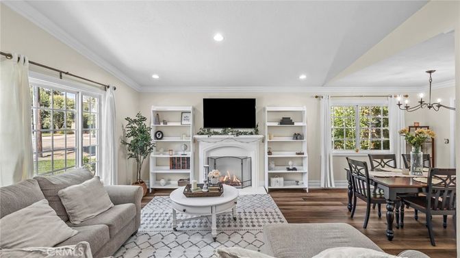 Chandelier, Dining room, Fireplace, Interior, Living room, Recessed Lighting, Wood Texture Flooring