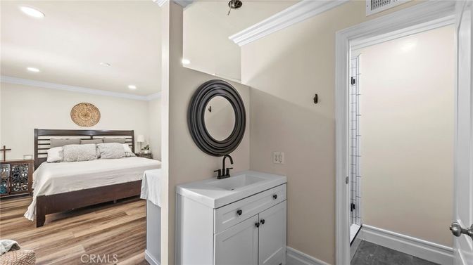 Bedroom, Interior, Recessed Lighting, Wood Texture Flooring
