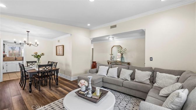 Chandelier, Dining room, Interior, Living room, Recessed Lighting, Wood Texture Flooring