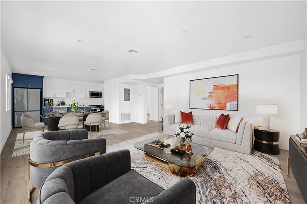 Dining room, Interior, Kitchen, Living room, Recessed Lighting, Stainless Steel Appliances, Wood Texture Flooring