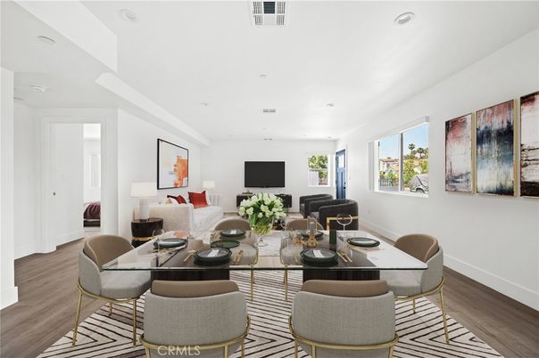 Dining room, Interior, Living room, Recessed Lighting, Wood Texture Flooring