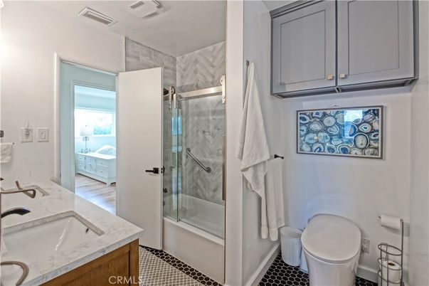 Bathroom, Glass Shower, Interior, Wood Texture Flooring