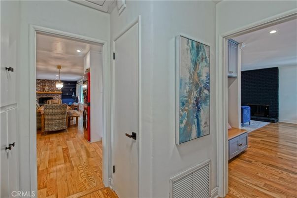 Dining room, Fireplace, Interior, Kitchen, Pendant Lights, Recessed Lighting, Stone Walls, Wood Texture Flooring