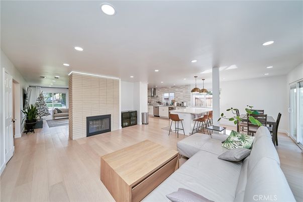 Dining room, Fireplace, Interior, Kitchen, Living room, Pendant Lights, Recessed Lighting, Wood Texture Flooring