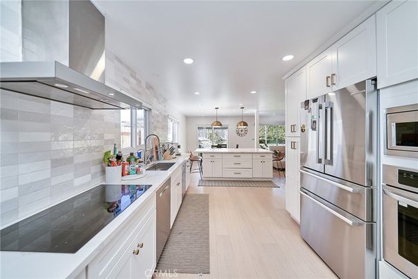 Interior, Kitchen, Pendant Lights, Recessed Lighting, Stainless Steel Appliances, Wood Texture Flooring