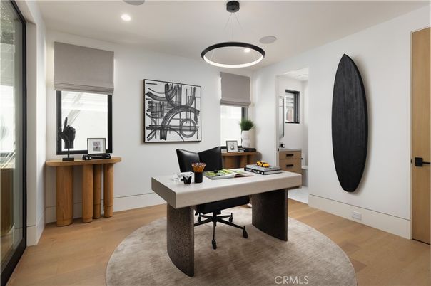 Home Office, Interior, Pendant Lights, Recessed Lighting, Wood Texture Flooring
