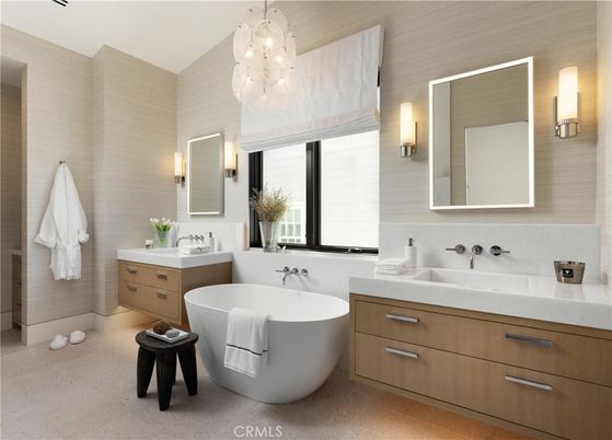 Bathroom, Dual Sink Vanities, Free Standing Baths, Interior, Pendant Lights