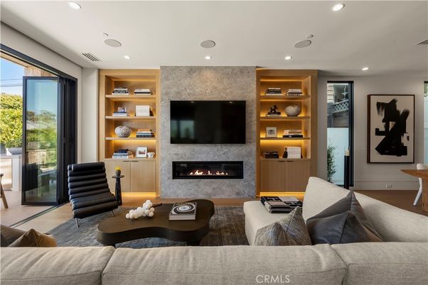 Fireplace, Interior, Living room, Recessed Lighting, Wood Texture Flooring