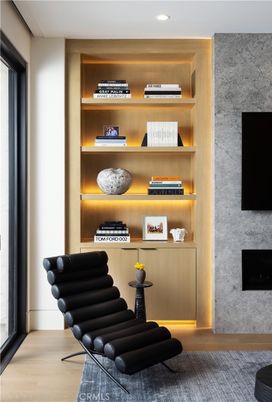 Fireplace, Interior, Recessed Lighting, Stone Walls, Wood Texture Flooring