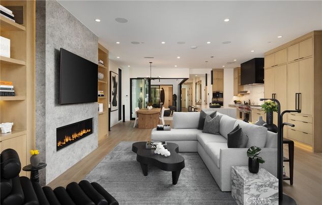Dining room, Fireplace, Interior, Kitchen, Living room, Pendant Lights, Recessed Lighting, Stainless Steel Appliances, Wood Texture Flooring