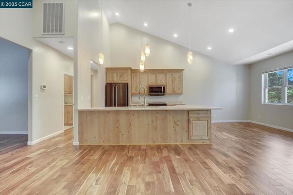 Interior, Kitchen, Pendant Lights, Recessed Lighting, Stainless Steel Appliances, Wood Texture Flooring