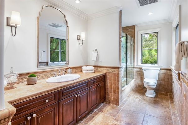 Bathroom, Dual Sink Vanities, Glass Shower, Interior, Recessed Lighting, Tile Countertops