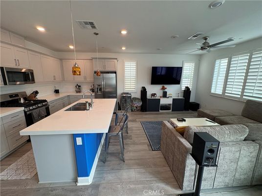 Interior, Kitchen, Living room, Pendant Lights, Recessed Lighting, Stainless Steel Appliances, Wood Texture Flooring