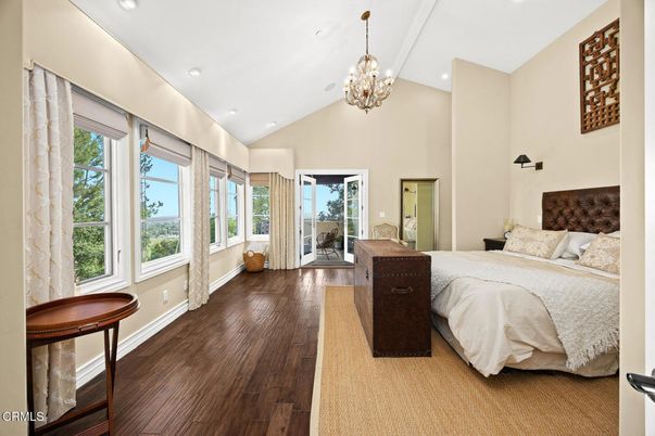 Bedroom, Chandelier, Interior, Recessed Lighting, Wood Texture Flooring