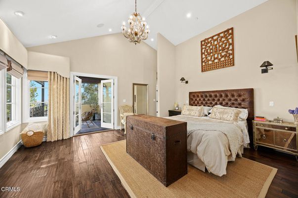 Bedroom, Chandelier, Interior, Recessed Lighting, Wood Texture Flooring