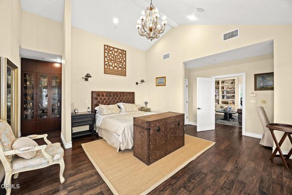 Bedroom, Chandelier, Interior, Recessed Lighting, Wood Texture Flooring
