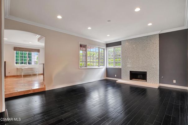Empty room, Fireplace, Interior, Recessed Lighting, Wood Texture Flooring