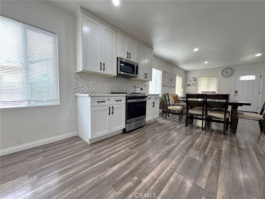 Dining room, Interior, Kitchen, Recessed Lighting, Wood Texture Flooring