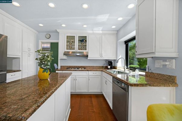 Interior, Kitchen, Recessed Lighting, Stainless Steel Appliances, Wood Texture Flooring