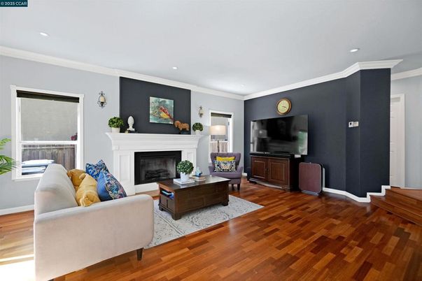 Fireplace, Interior, Living room, Recessed Lighting, Wood Texture Flooring