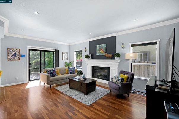 Fireplace, Interior, Living room, Recessed Lighting, Wood Texture Flooring